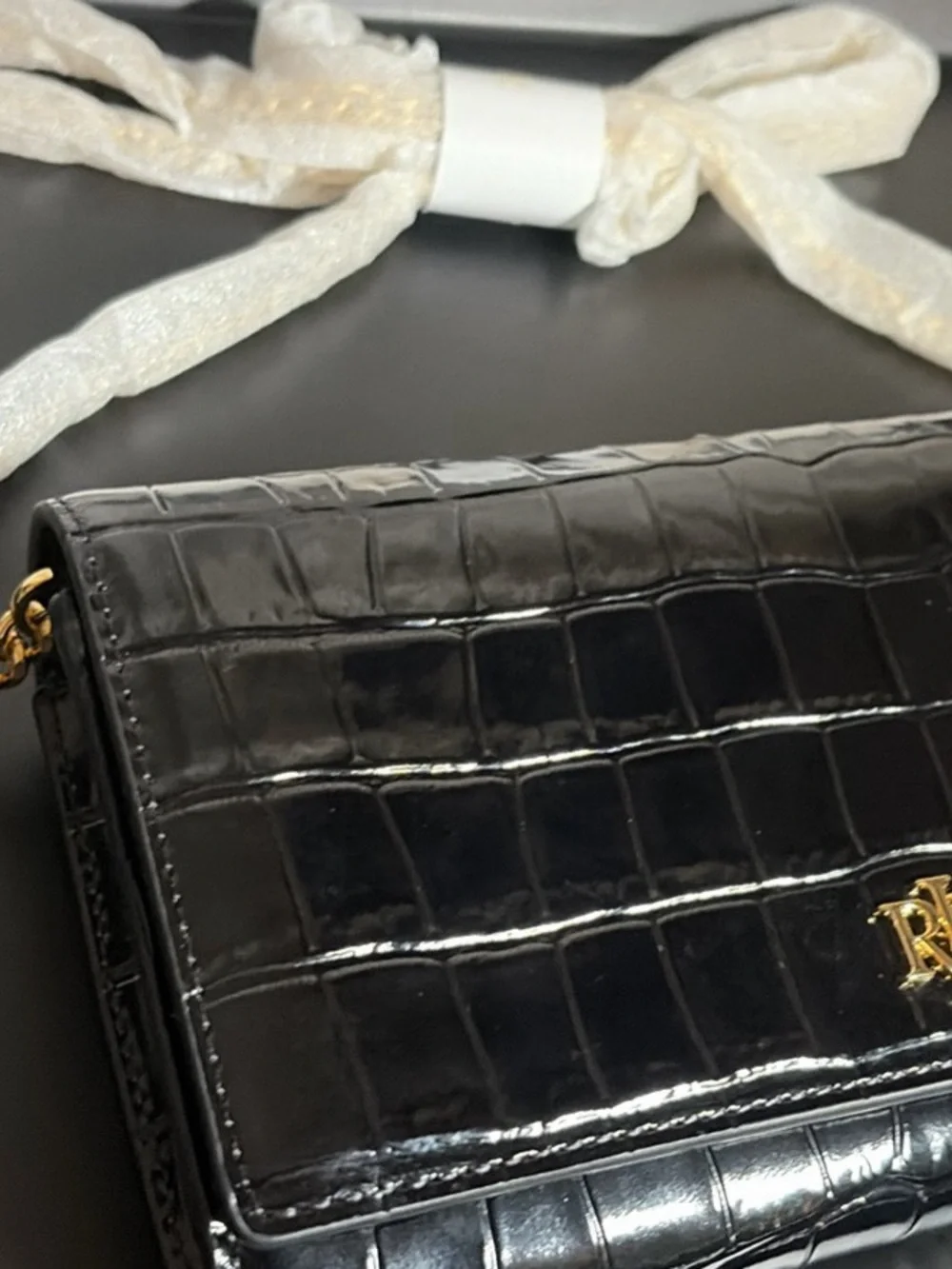 Ralph Lauren Black Croc-Embossed Wallet Crossbody with Gold RLL Logo - Picture 5 of 5